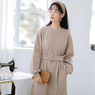 Long-sleeve Tie-waist Midi Dress Almond - One Size