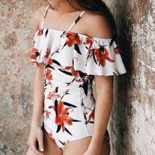 Off Shoulder Ruffled Print Swimsuit
