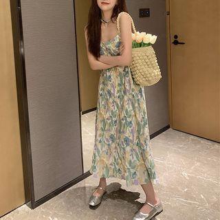 Spaghetti Strap Ruched Floral Dress Blue & Yellow - One Size