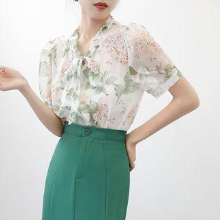 Floral Tie-neck Blouse / Plain Ruffled Midi Skirt
