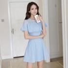 Frilled Short-sleeve Lace Panel A-line Dress