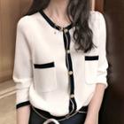 Long-sleeve Contrast Trim Knit Cardigan White - One Size