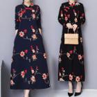 Long-sleeve Flower Embroidered Maxi A-line Qipao Dress
