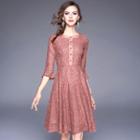 Bell-sleeve Gathered-waist Crewneck A-line Plain Lace Long Sheath Dress