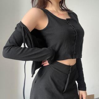 Set: Buttoned Knit Tank Top + Tie-front Cardigan