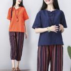 Set: Short-sleeve Chinese Knot Button Top + Striped Capri Pants