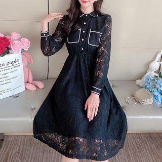 Long-sleeve Embroidered Trim Midi A-line Lace Dress