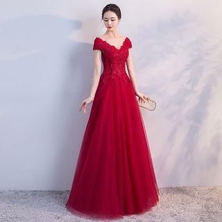 Cap-sleeve V-neck A-line Evening Gown