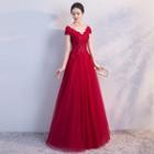 Cap-sleeve V-neck A-line Evening Gown