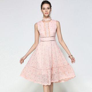 Patterned Lace A-line Dress With Chocker