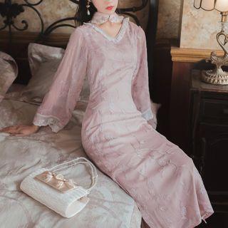 Long-sleeve Cutout Embroidered Midi Sheath Qipao Dress