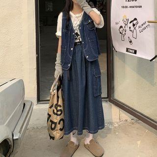Button-up Denim Vest / Midi A-line Denim Skirt