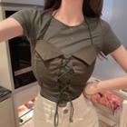 Set: Cap-sleeve T-shirt + Halter Lace-up Camisole Top