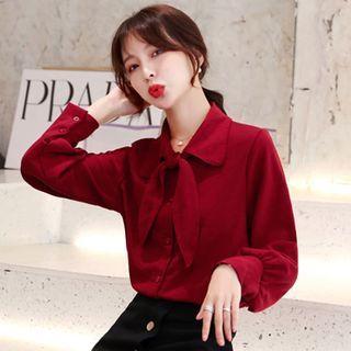 Long-sleeve Plain Bow Accent Blouse