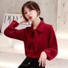 Long-sleeve Plain Bow Accent Blouse