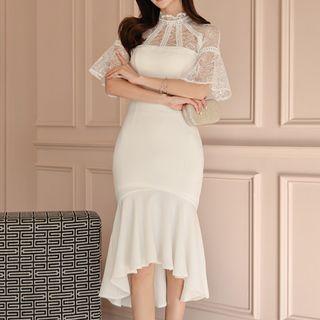 Elbow-sleeve Lace Panel Dip Back Mermaid Sheath Dress