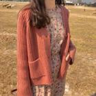 Long-sleeve Plain Knit Cardigan / Long-sleeve Floral Dress