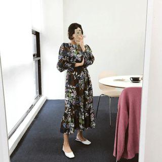 Puff-sleeve Pattern Long Dress