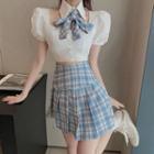 Tie-neck Puff-sleeve Cropped Shirt / Plaid Pleated Mini A-line Skirt