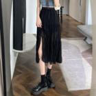 Plain Crinkled Side-slit Midi Skirt