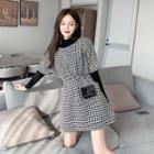 Set: Houndstooth Elbow-sleeve Mini A-line Dress + Knit Top