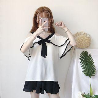 Bow Accent Cut Out Shoulder Short Sleeve Blouse / Plain Skort