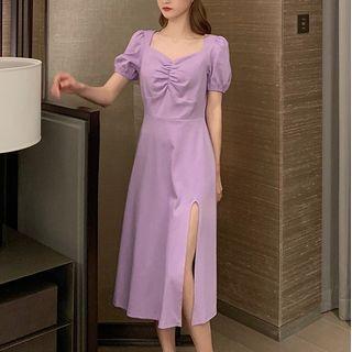 Short-sleeve Side-slit Midi A-line Dress