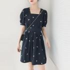 Short-sleeve Square-neck Embroidered Mini A-line Dress