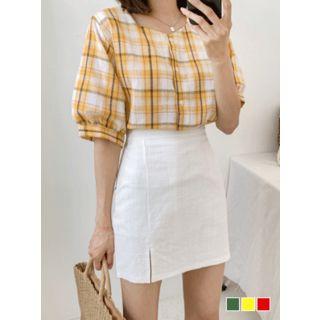 Sweetheart-neck Puff-sleeve Plaid Blouse