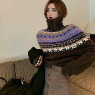 Turtleneck Pattern Sweater / Slim-fit Skirt