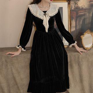Long-sleeve Lace Sailor Collar Midi A-line Dress