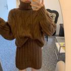 Turtleneck Cable Knit Sweater / Mini Fitted Skirt