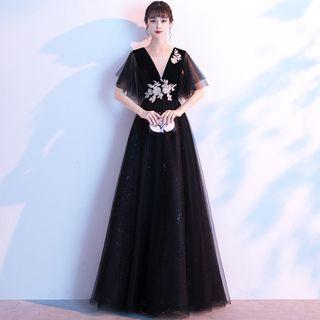 Short-sleeve Flower Embroidered A-line Evening Gown