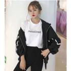 Lettering Short-sleeve T-shirt / Contrast Trim Zip Jacket / High Waist Skinny Pants
