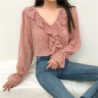 Floral V-neck Ruffle Long-sleeve Blouse As Figure - One Size