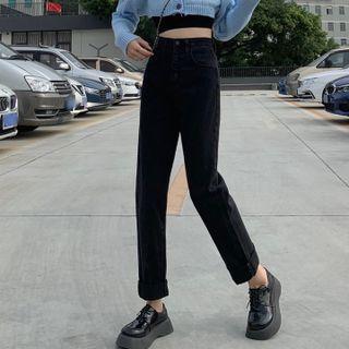 High-waist Single-breasted Straight Leg Jeans