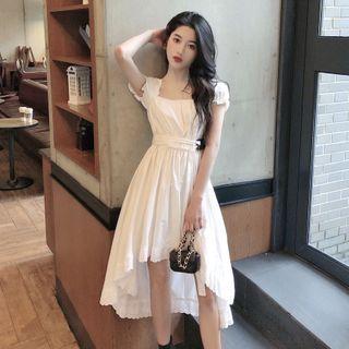 Ruffled Puff-sleeve Dip-back Mini A-line Dress