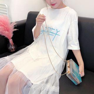 Mock Two-piece Elbow-sleeve Sheer Panel Midi Dress