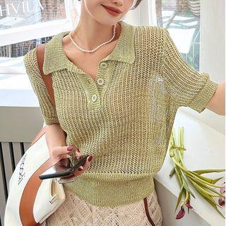 Short-sleeve Polo Neck Knit Top / Lace Bootcut Pants / Mini A-line Skirt