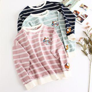 Cat Embroidered Striped Pullover