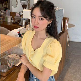 Buttoned Square-neck Short-sleeve Blouse Yellow - One Size