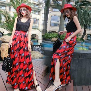 Set: Lace Tank Top + Patterned Wide-leg Pants
