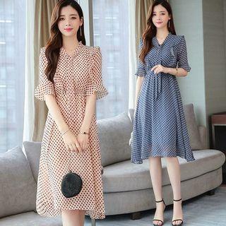 Dotted Tie-neck Bell-sleeve A-line Chiffon Dress