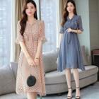 Dotted Tie-neck Bell-sleeve A-line Chiffon Dress