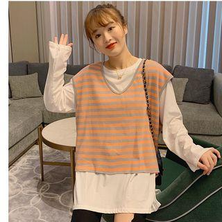 Set: Plain Long-sleeve T-shirt + Striped Knit Vest