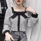Bow Square-neck Plaid Cropped Blouse