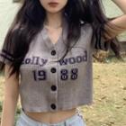 Short-sleeve V-neck Lettering Ribbed Knit Crop Top Gray - One Size