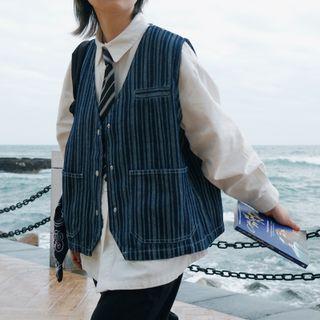 Striped Single-breasted Denim Vest