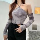 Cold-shoulder Tie-dyed T-shirt Gray - One Size