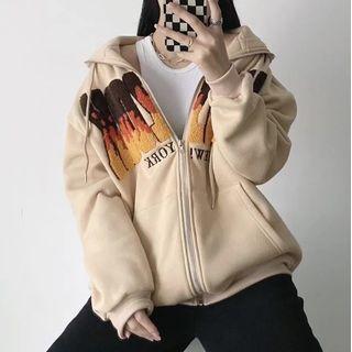 Long Sleeve Lettering Embroidered Loose-fit Zip-up Hoodie